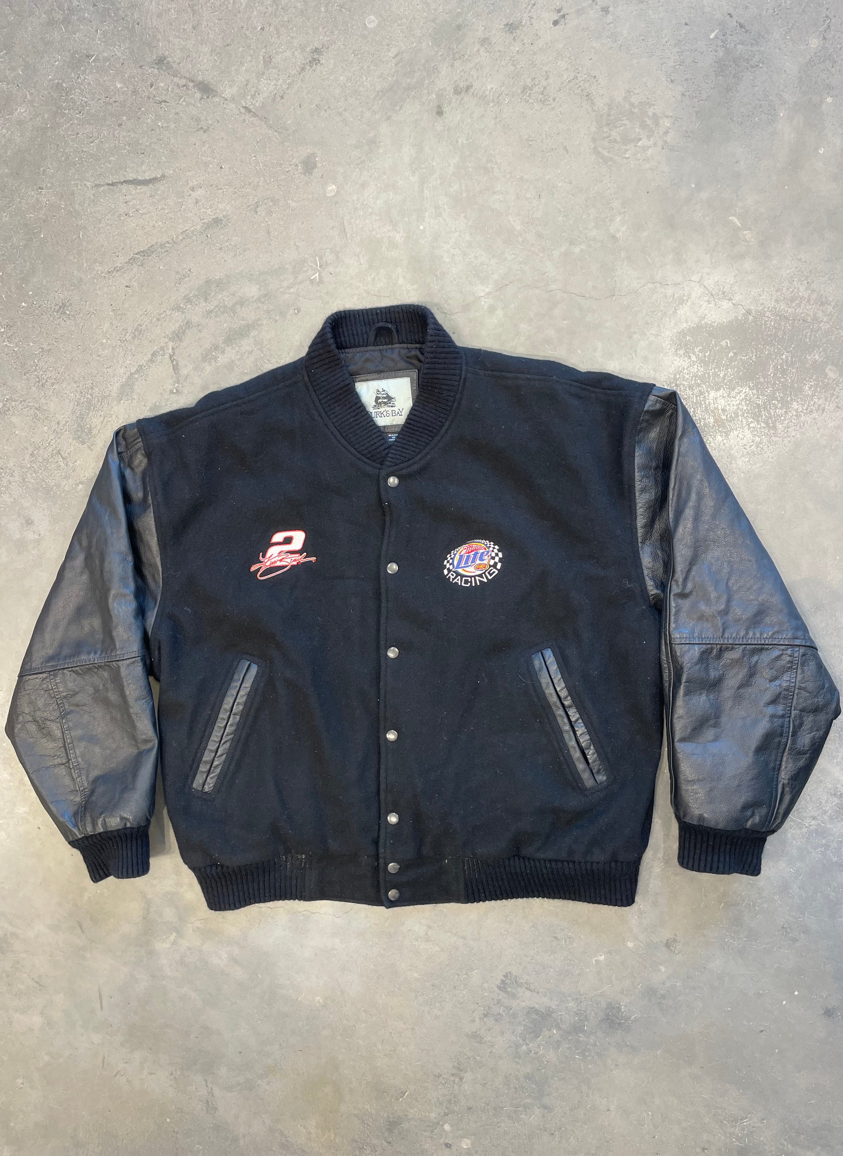 Vintage Y2K Black NASCAR Jacket with Leather Sleeves Miller Lite