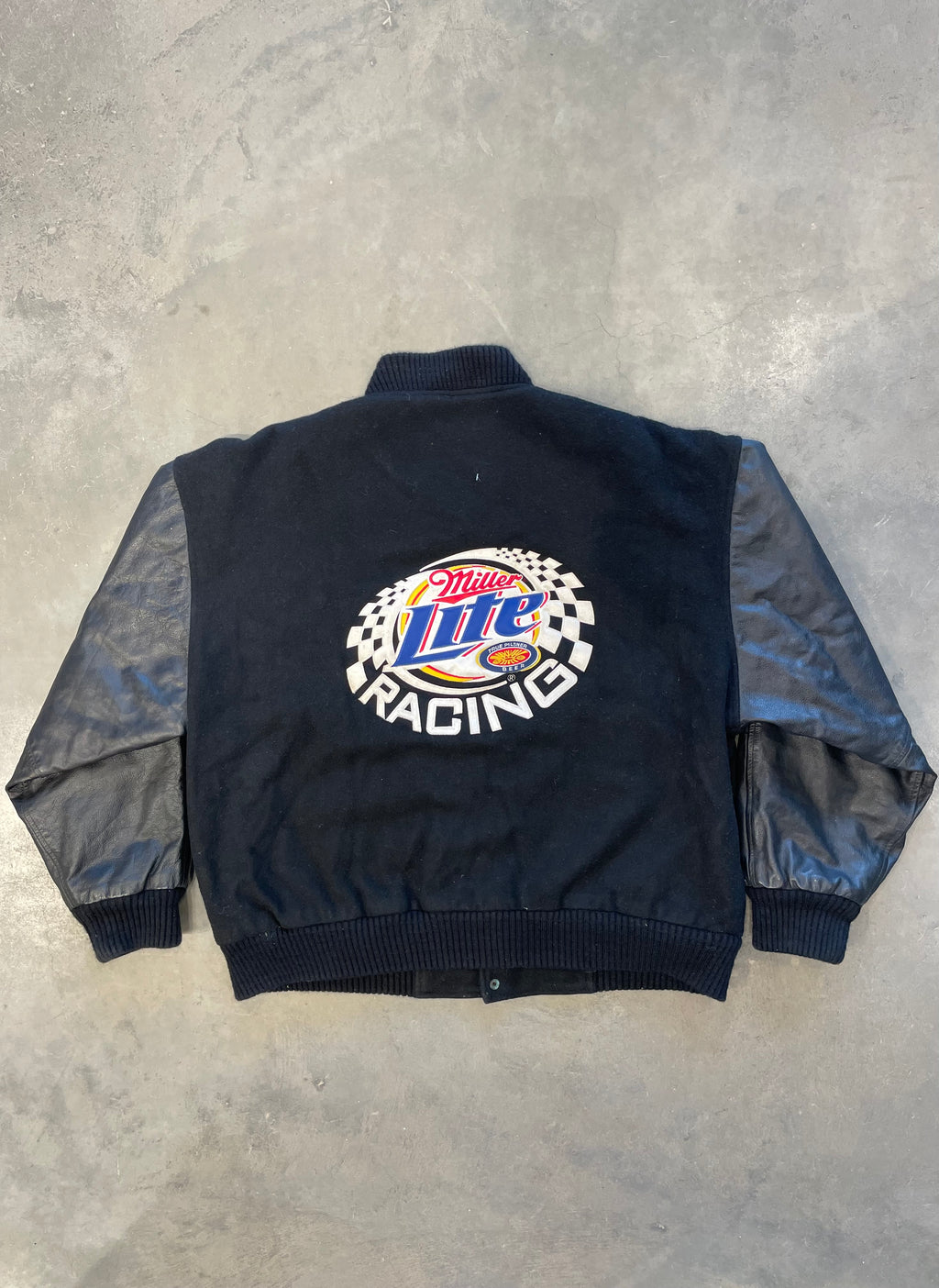 Vintage Y2K Black NASCAR Jacket with Leather Sleeves Miller Lite
